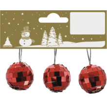Trois boules de Noël rouges à facettes style disco avec attaches et Geroma Logo.