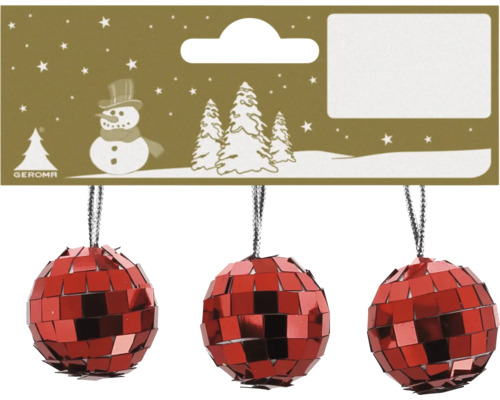 Trois boules de Noël rouges à facettes style disco avec attaches et Geroma Logo.
