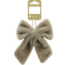 Nœud décoratif beige en fausse fourrure avec boucle de suspension dorée.