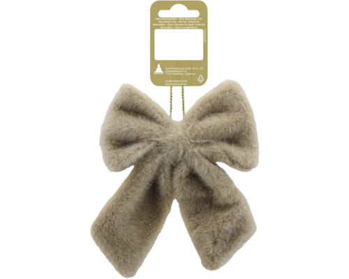 Nœud décoratif beige en fausse fourrure avec boucle de suspension dorée.