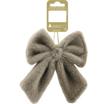 Nœud décoratif en fausse fourrure douce avec boucle de suspension et étiquette de produit.