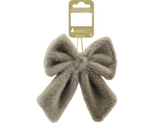 Nœud décoratif en fausse fourrure douce avec boucle de suspension et étiquette de produit.