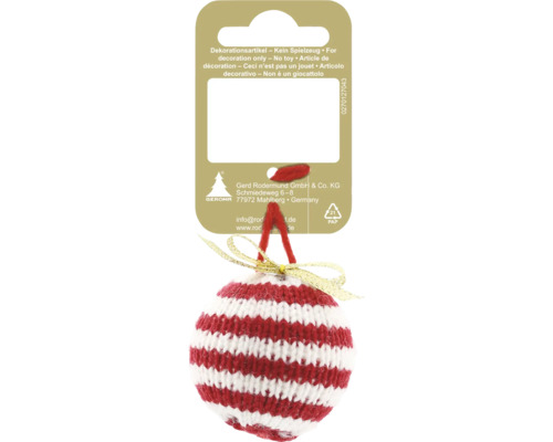 Boule de Noël tricotée, rayée rouge et blanc, nœud doré, ruban rouge. Logo Geroma, symbole de recyclage papier et avertissement ceci n est pas un jouet.