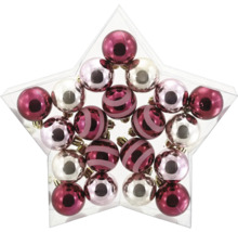 Ensemble de boules de Noël rose et argent dans une boîte transparente étoilée, brillantes et rayées.
