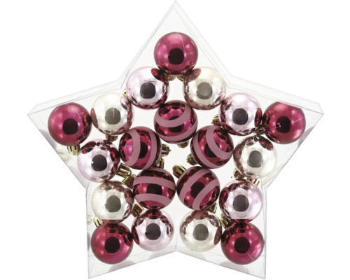 Ensemble de boules de Noël rose et argent dans une boîte transparente étoilée, brillantes et rayées.
