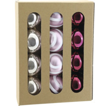 Lot de 12 boules de Noël en verre avec motif à spirales en argent et rose dans une boîte en carton.