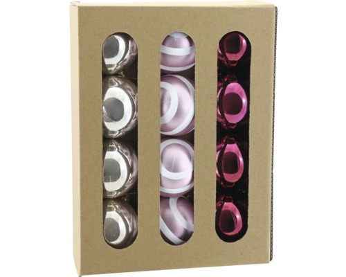 Lot de 12 boules de Noël en verre avec motif à spirales en argent et rose dans une boîte en carton.