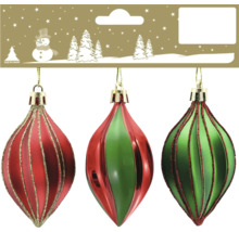 Trois suspensions de Noël en forme de goutte en rouge et vert avec des rayures scintillantes et Logo Geroma.
