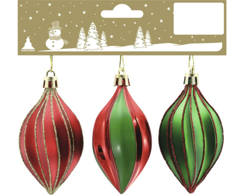 Trois suspensions de Noël en forme de goutte en rouge et vert avec des rayures scintillantes et Logo Geroma.
