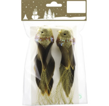 Dekorative Weihnachtsvögel mit goldfarbenem Glitzer, Pailletten und Federn, zwei Stück in Verpackung mit Geroma Logo.