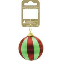 Boule de Noël à rayures rouges et vertes avec calotte dorée et attache.