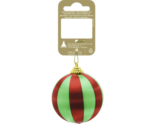 Boule de Noël à rayures rouges et vertes avec calotte dorée et attache.