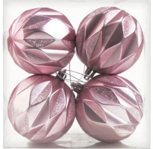 Quatre boules de Noël roses avec motif géométrique en losange, alternant entre brillant et pailleté.