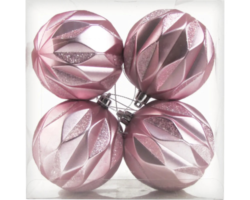Quatre boules de Noël roses avec motif géométrique en losange, alternant entre brillant et pailleté.