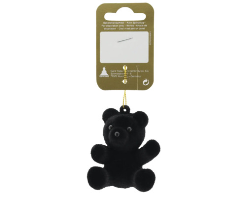 Petit pendentif décoratif ours en peluche noir avec cordon de suspension.