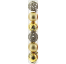 Goldene Weihnachtsbaumkugeln im Set aus Kunststoff, verschiedene Designs mit Glitzer, matter Oberfläche und Ornament-Struktur.