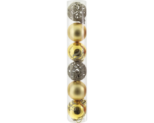 Goldene Weihnachtsbaumkugeln im Set aus Kunststoff, verschiedene Designs mit Glitzer, matter Oberfläche und Ornament-Struktur.