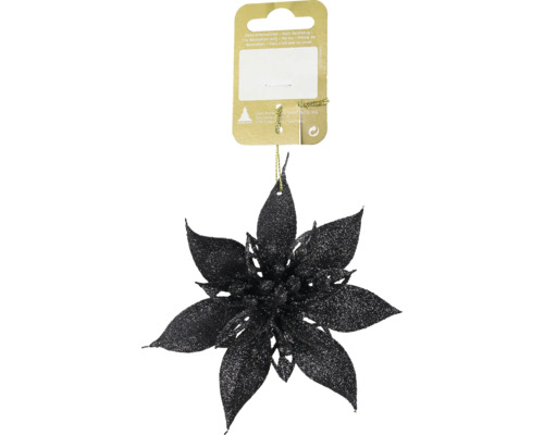 Schwarzer, glitzernder Weihnachtsanhänger in Form einer Christsternblüte mit goldfarbener Kordel.