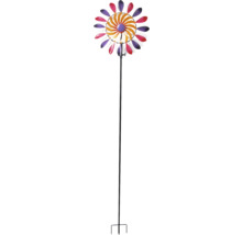 Éolienne de jardin en métal avec double rotor et piquet de terre à trois branches.