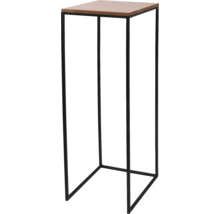 Support pour plantes moderne avec structure en métal noir et plateau en bois.