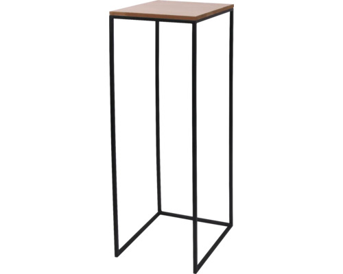 Support pour plantes moderne avec structure en métal noir et plateau en bois.