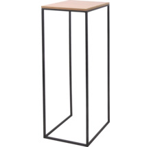 Support de plante moderne avec structure en métal noir et plateau carré aspect bois.