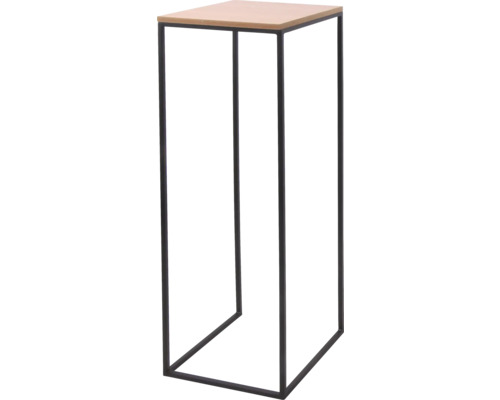 Support de plante moderne avec structure en métal noir et plateau carré aspect bois.