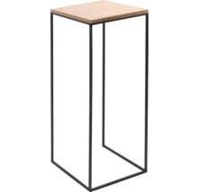 Support pour plantes moderne avec plateau carré en bois et structure en métal noir.