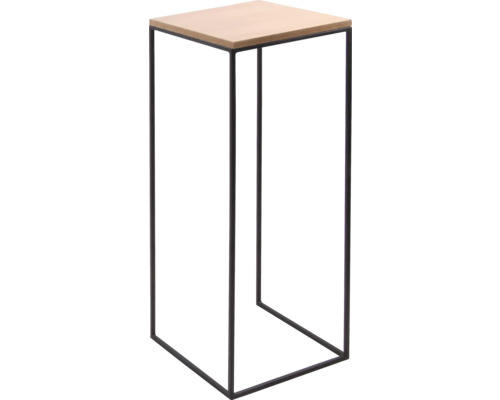 Support pour plantes moderne avec plateau carré en bois et structure en métal noir.