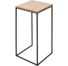 Table d appoint haute avec plateau carré en bois clair et structure en métal noir.
