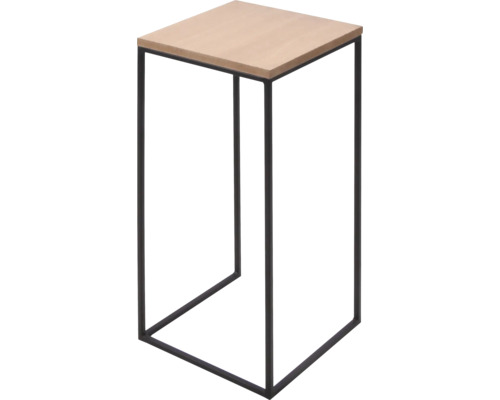 Table d appoint haute avec plateau carré en bois clair et structure en métal noir.