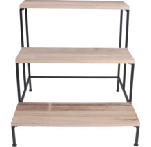 Étagère à trois niveaux en bois avec cadre en métal noir.