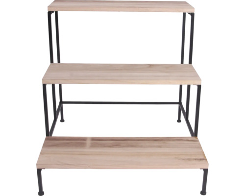 Étagère à trois niveaux en bois avec cadre en métal noir.