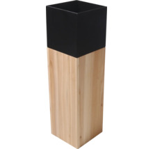 Jardinière carrée moderne avec un socle en bois naturel et une partie supérieure noire.