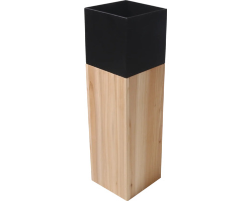 Jardinière carrée moderne avec un socle en bois naturel et une partie supérieure noire.