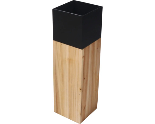 Jardinière carrée en bois clair avec partie supérieure noire.