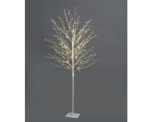 Arbre lumineux à LED avec branches blanches et de nombreuses micro-LED blanc chaud sur une plaque de base carrée.
