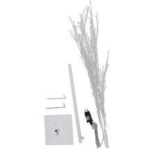 Branches décoratives LED blanches avec support, tige, piquets de terre et adaptateur secteur.