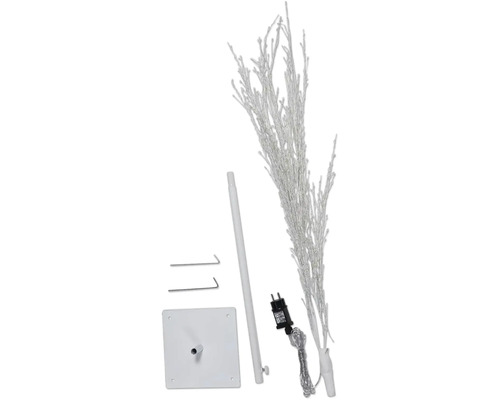 Branches décoratives LED blanches avec support, tige, piquets de terre et adaptateur secteur.
