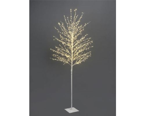 Arbre lumineux LED avec de nombreuses petites lampes LED blanc chaud sur des branches ramifiées, tronc blanc et base plate.
