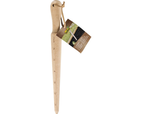 FloraSelf Pflanzholz aus Holz mit Lederband und eingravierter Maßeinteilung von eins bis sieben Zoll.