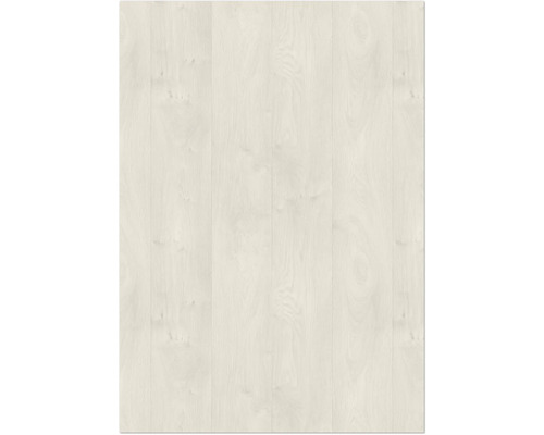 Revêtement de sol stratifié aspect bois clair avec veinage fin et nœuds.