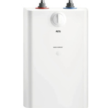 Petit chauffe-eau AEG avec bouton rotatif et raccords d eau supérieurs. Boîtier blanc avec Logo AEG et origine Allemagne.