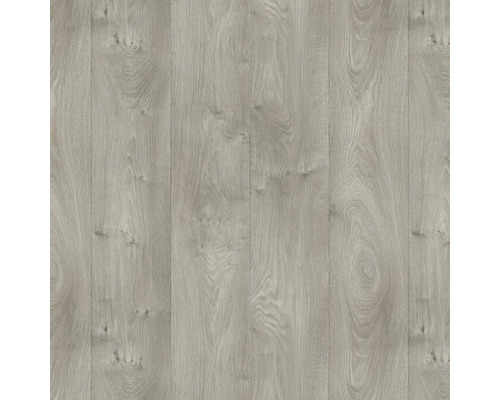Revêtement de sol stratifié aspect bois gris clair avec veinage et nœuds.