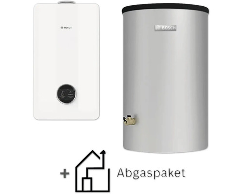 Chaudière gaz à condensation Bosch avec ballon d'eau chaude et symbole pour kit de fumisterie.