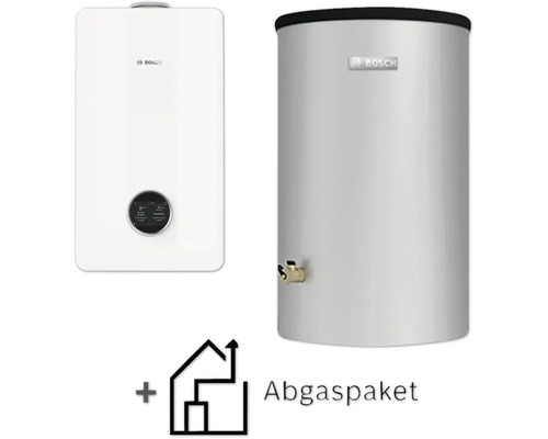 Chaudière à condensation au gaz Bosch blanche, réservoir d'eau chaude argenté et pack d'évacuation des fumées incluant Bosch Logo.