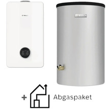 Chaudière à condensation au gaz Bosch blanche, réservoir d'eau chaude argenté et pack d'évacuation des fumées incluant Bosch Logo.