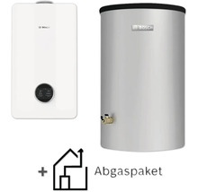 Kit de chauffage au gaz à condensation Bosch avec chaudière murale, ballon d'eau chaude au sol et kit d'évacuation des fumées.