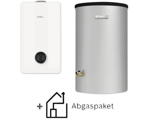 Kit de chauffage au gaz à condensation Bosch avec chaudière murale, ballon d'eau chaude au sol et kit d'évacuation des fumées.