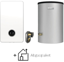 Chaudière à condensation au gaz Bosch avec ballon d'eau chaude et kit d'évacuation des fumées.